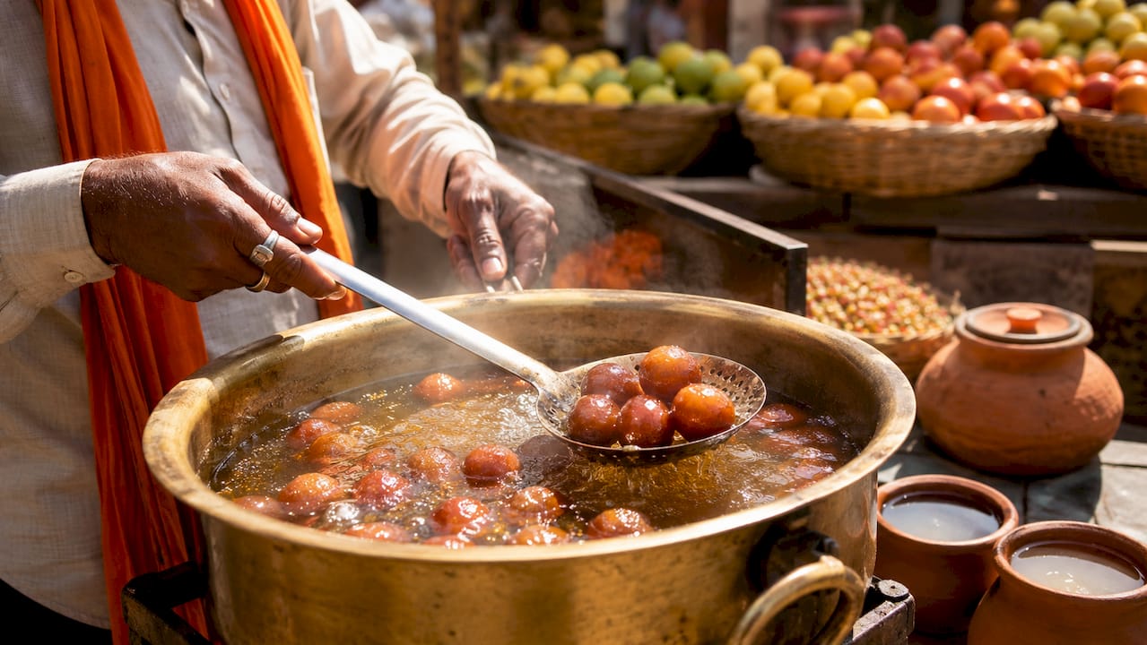 Hands lifting Gulab Jamun from sugar syrup pot