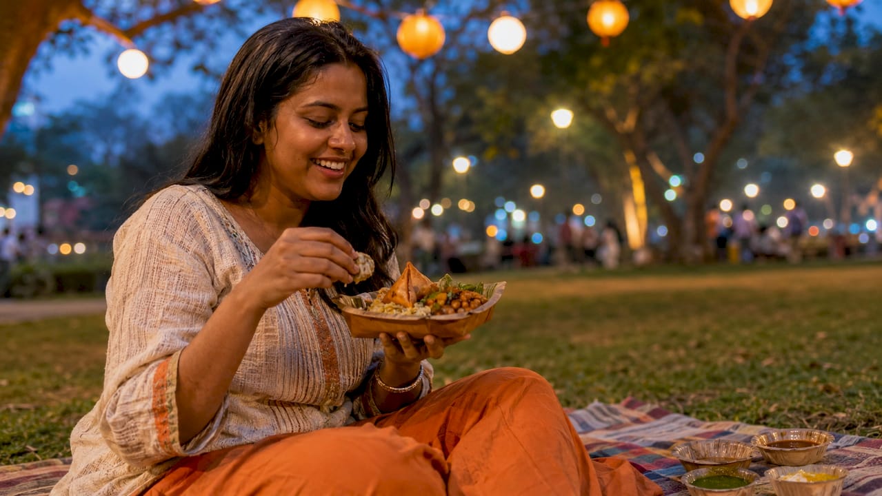 Woman tasting Indian street snacks at open-air food court