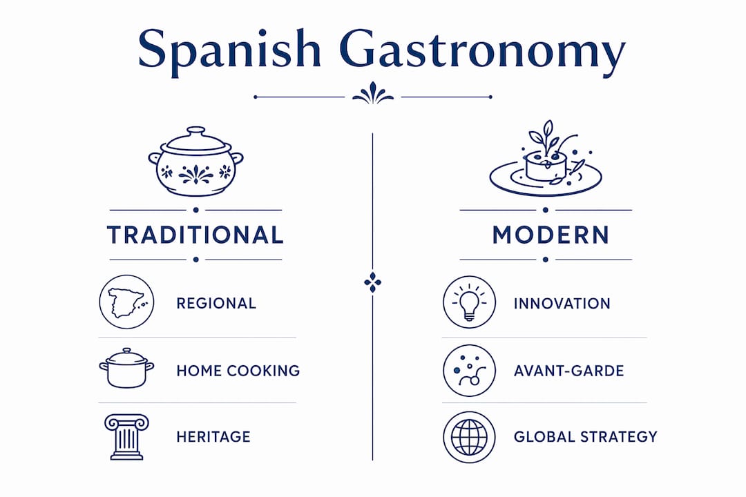Infographic comparing traditional and modern Spanish gastronomy