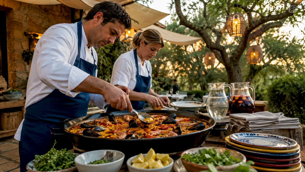 Outdoor paella serving station with chefs