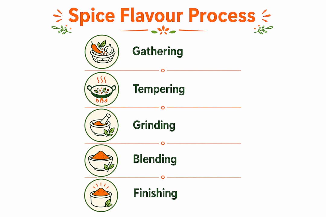 Infographic showing spice flavouring process steps in street snacks