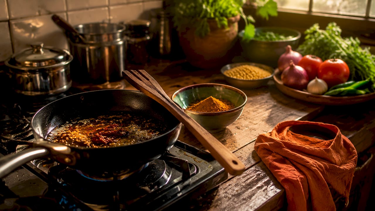 Overhead view of spice tempering in wok