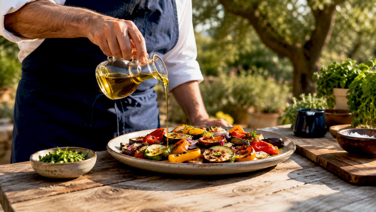 Drizzling olive oil over Mediterranean vegetables