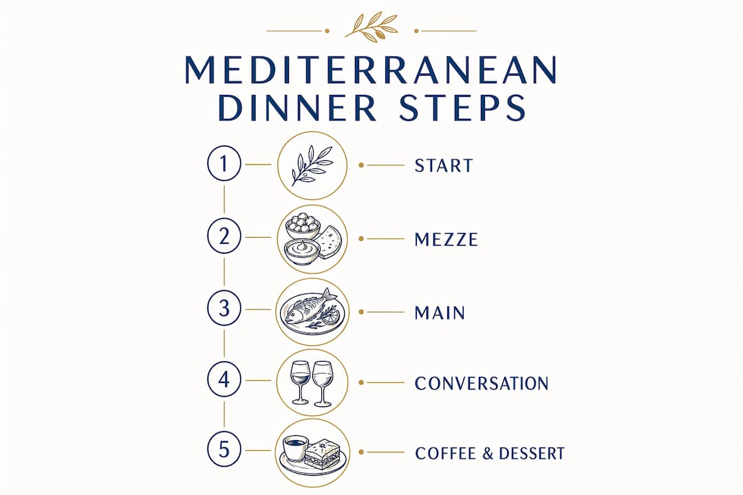 Infographic illustrating Mediterranean dinner structure steps