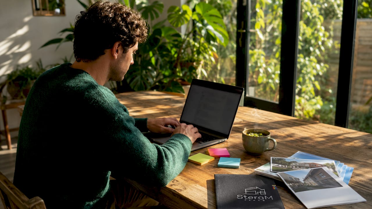 Overhead view of young man using online property search