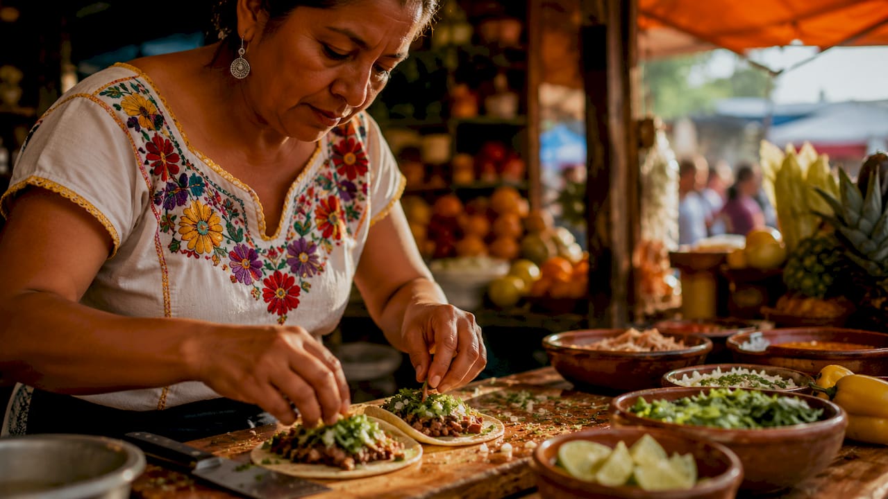 Manos expertas rellenando tacos al momento en un puesto de mercado