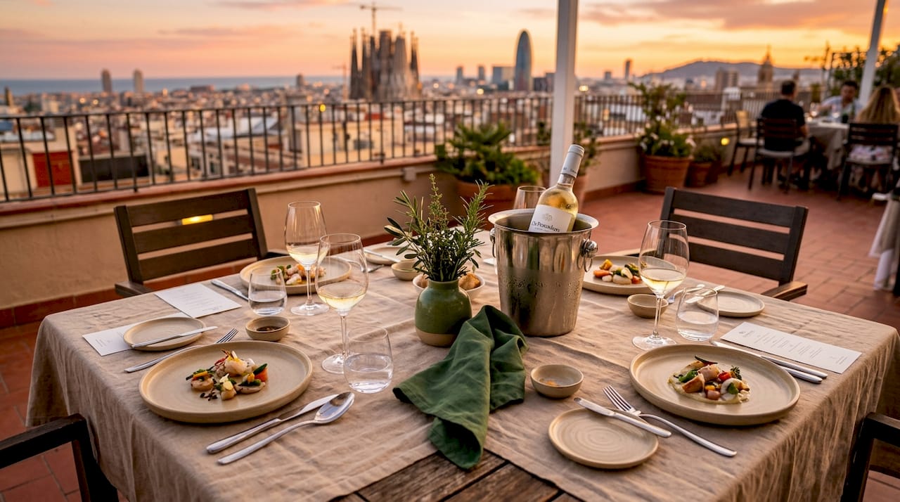 Elegant terrace dining setup with Mediterranean dishes