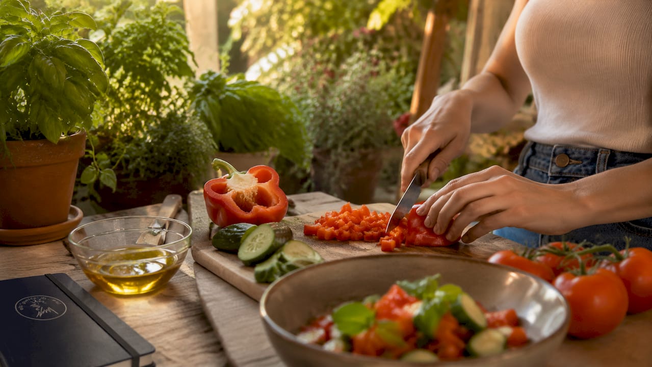 Preparando una ensalada mediterránea con verduras frescas recién cortadas a mano