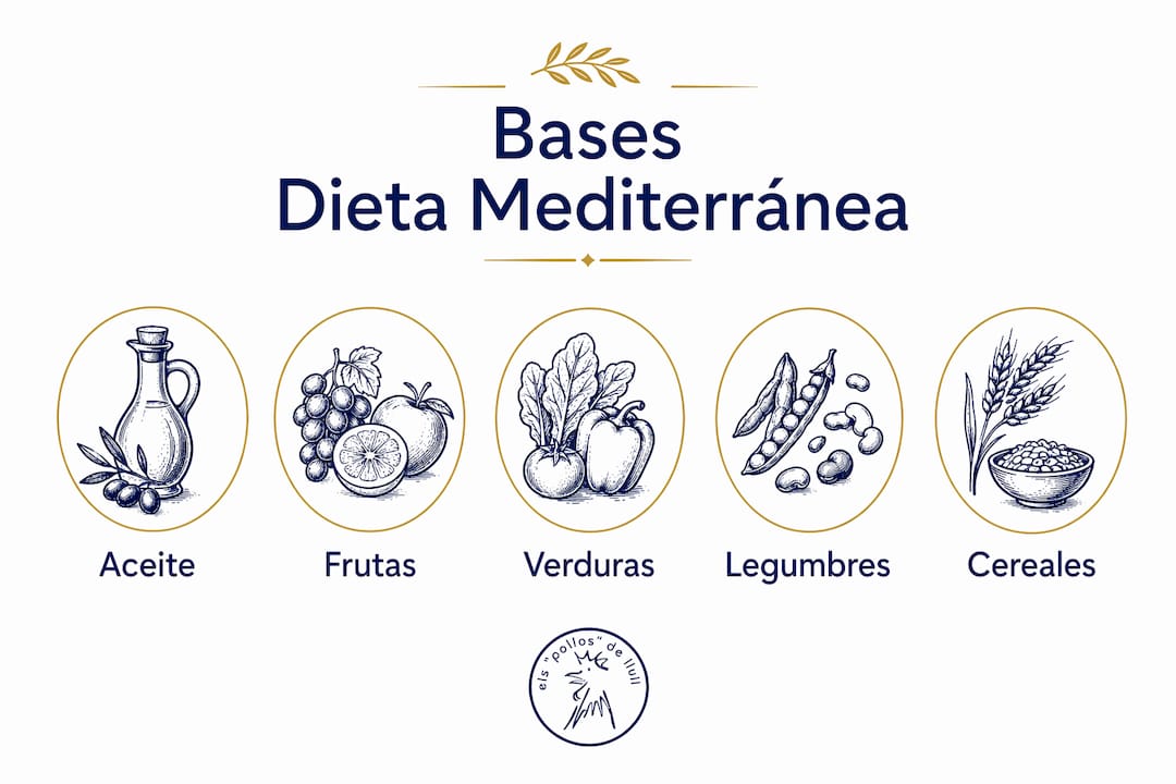 Infografía que ilustra la pirámide con los ingredientes esenciales de la dieta mediterránea