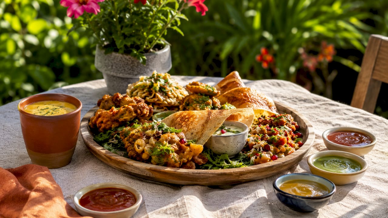 Overhead view Indian tapas mixed dishes
