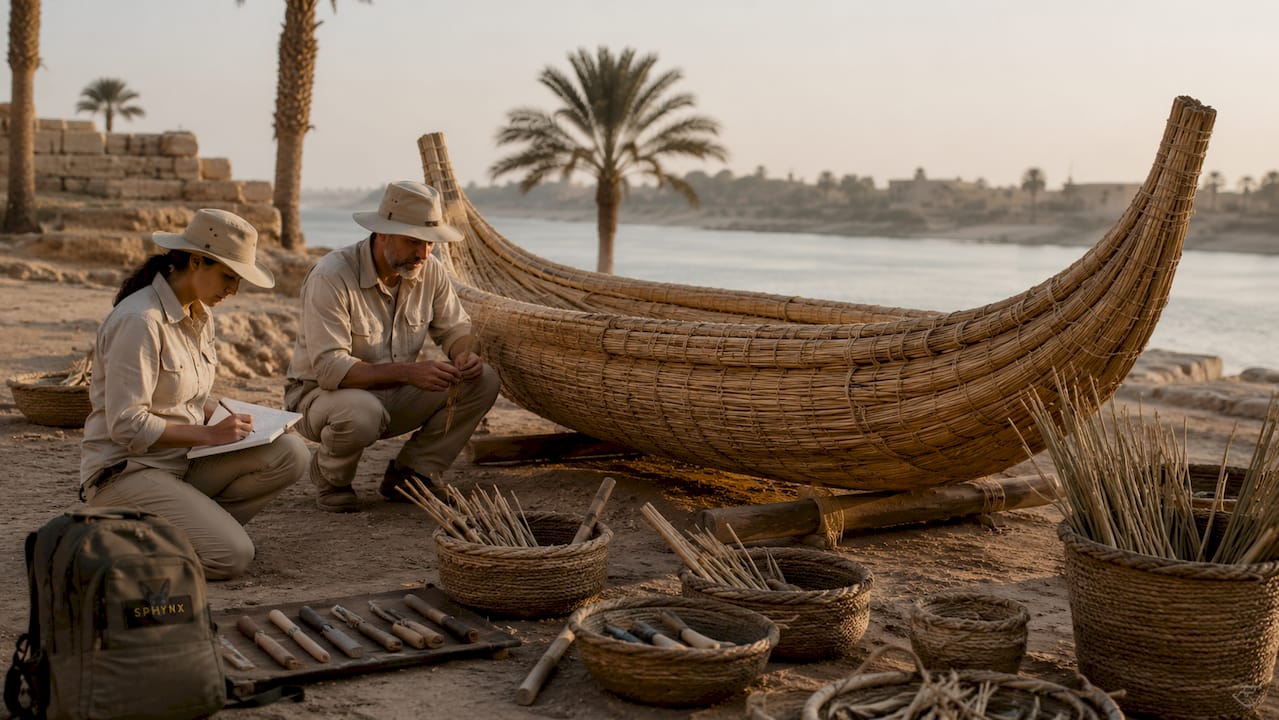 Archaeologists working on ancient reed boat replica