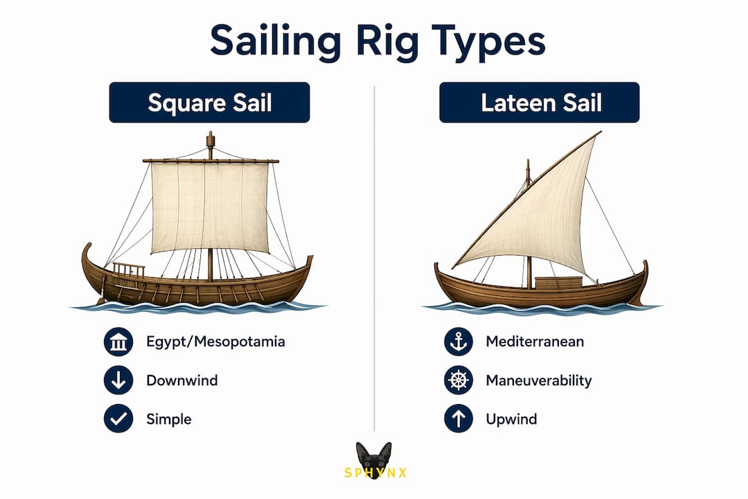 Infographic comparing square and lateen sailing rigs