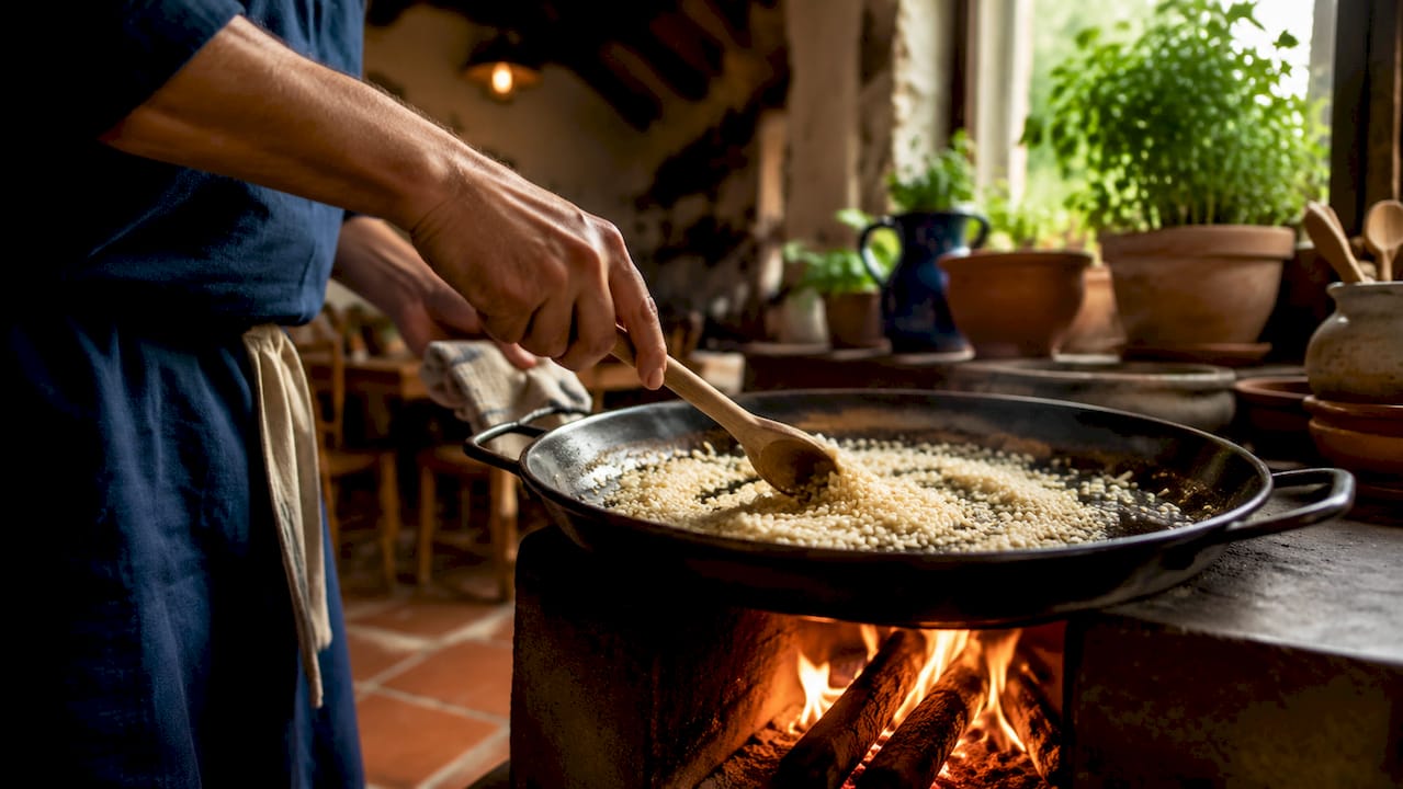 Close-up of toasting rice in paella pan
