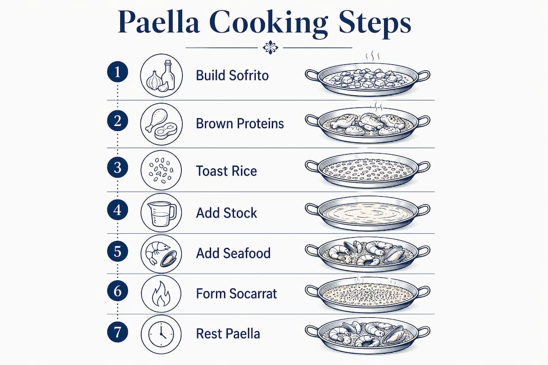 Infographic showing step-by-step paella cooking process