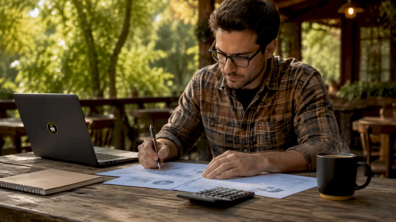 Encargado analizando los resultados económicos del restaurante