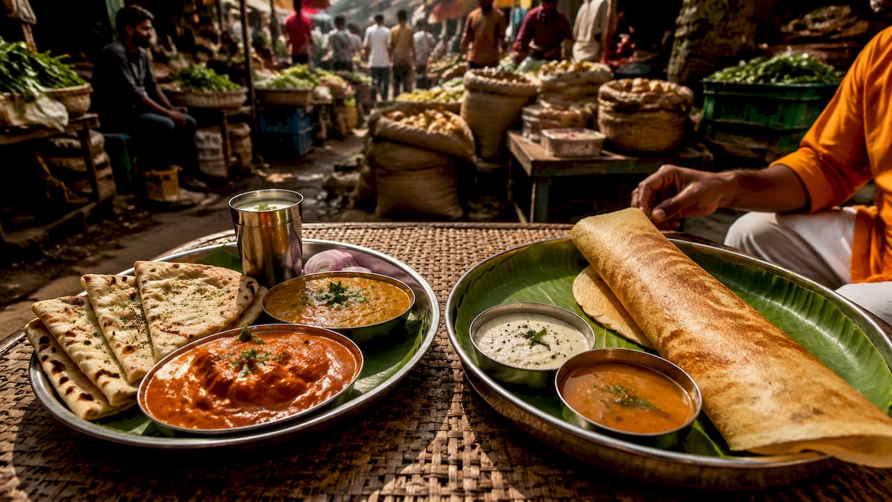 Side-by-side North and South Indian dishes on table
