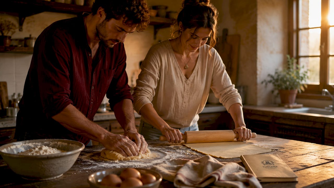 Una pareja disfruta haciendo masa casera para pasta en la cocina