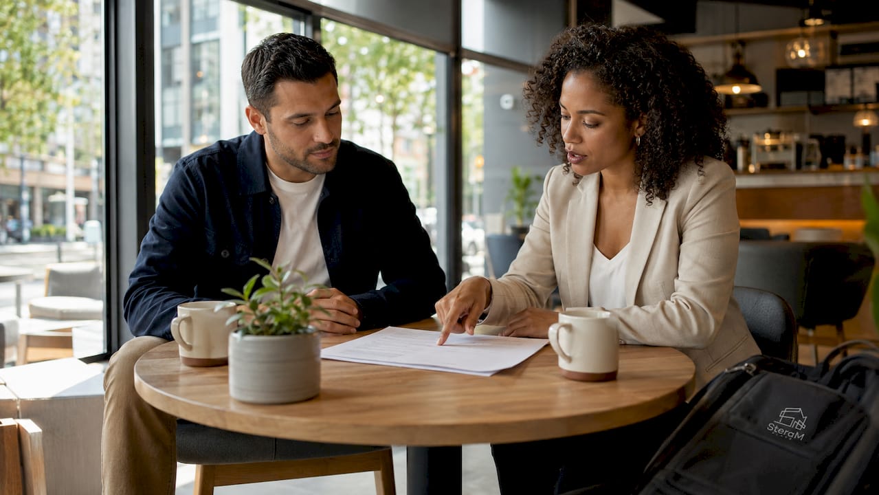 Two professionals reviewing real estate purchase documents