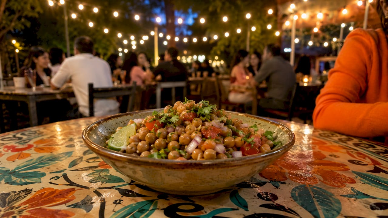 Close-up overhead view of gluten-free chana chaat snack