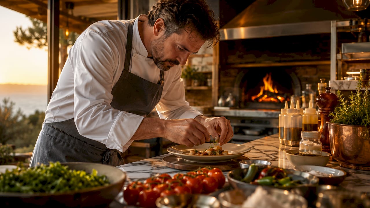 Cocinero elaborando un plato de autor en una cocina a la vista del público