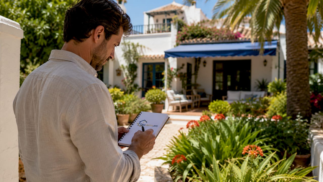 Tasador revisando el exterior de la vivienda con una carpeta en mano