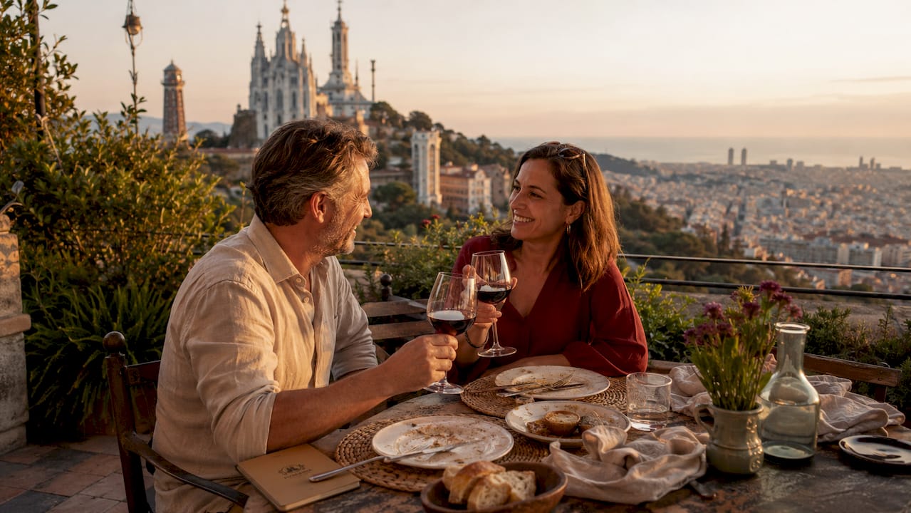 Una pareja disfruta de una cena romántica en la terraza de la Masia Tibidabo, rodeados de vistas espectaculares sobre Barcelona.