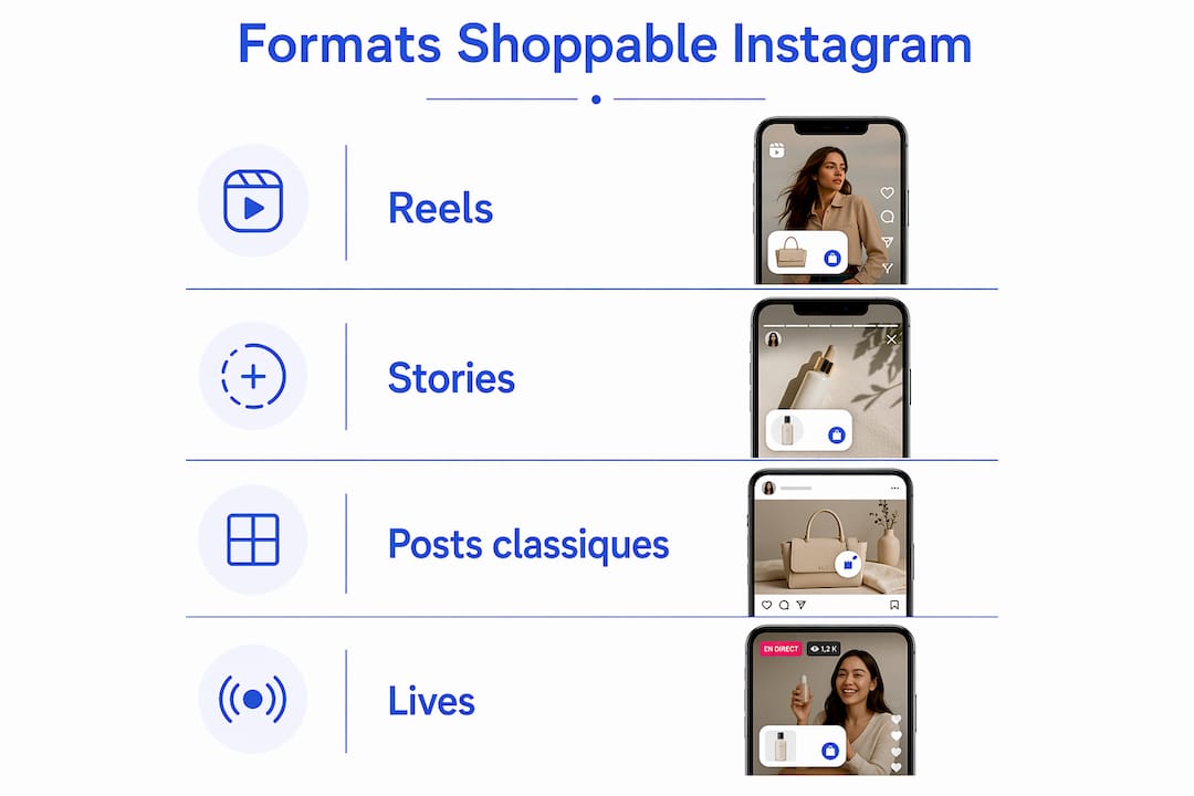 Découvrez en un coup d'œil les différents formats de publications Instagram permettant l’achat en ligne