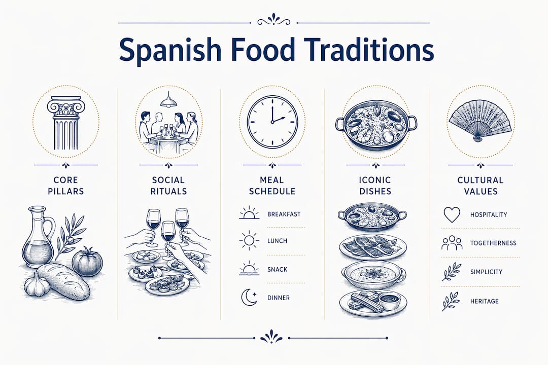 Infographic summarizing Spanish food tradition components