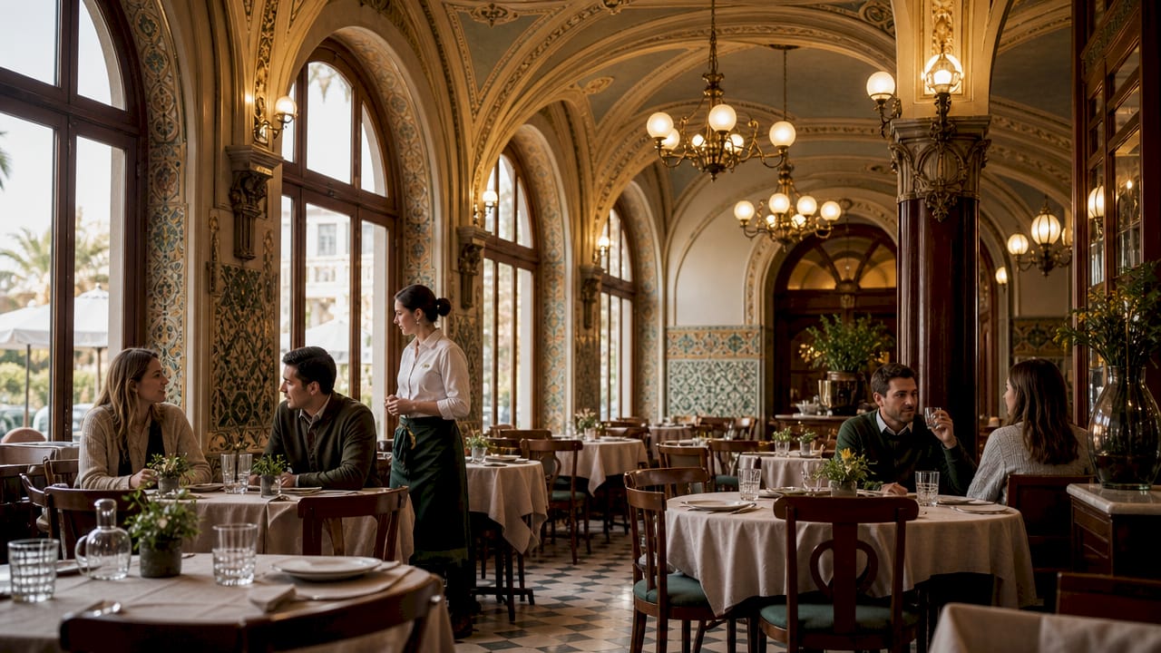 Elegant historic restaurant interior with high ceilings