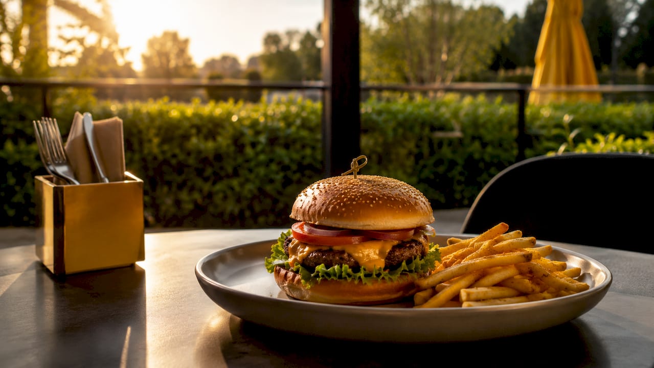 Caja abierta de delivery con una hamburguesa artesanal y papas fritas recién hechas