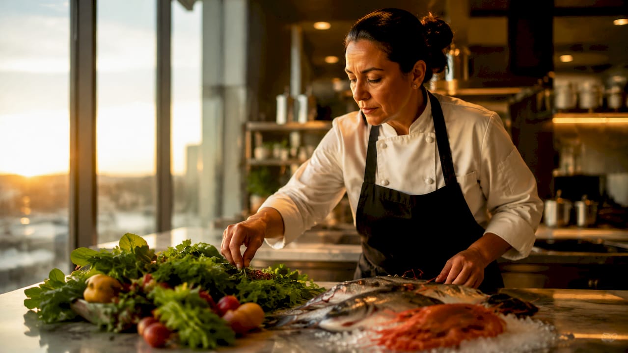 El chef revisa cuidadosamente los ingredientes frescos de la región antes de comenzar a cocinar en la cocina.