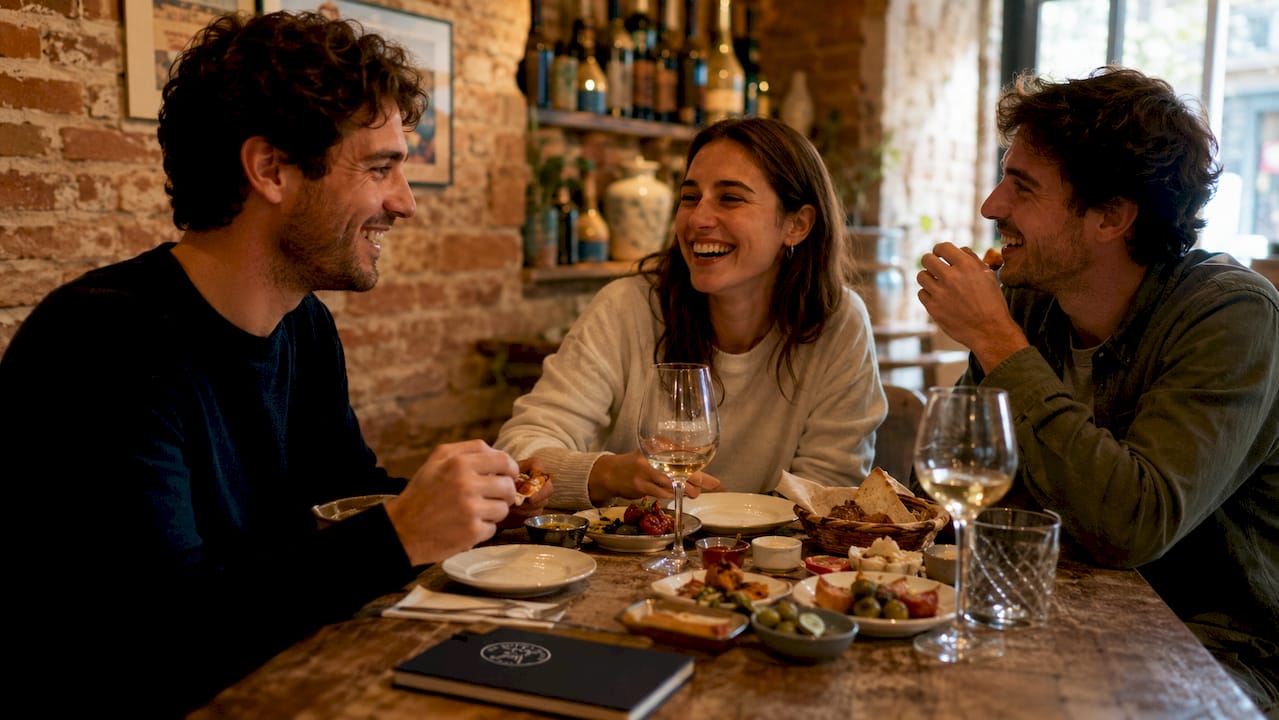 Un grupo de amigos disfruta de unas tapas en un restaurante típico de Barcelona.