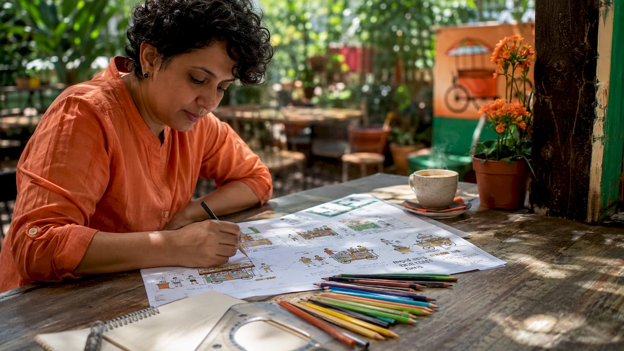 Designer planning street food vendor layout inside studio