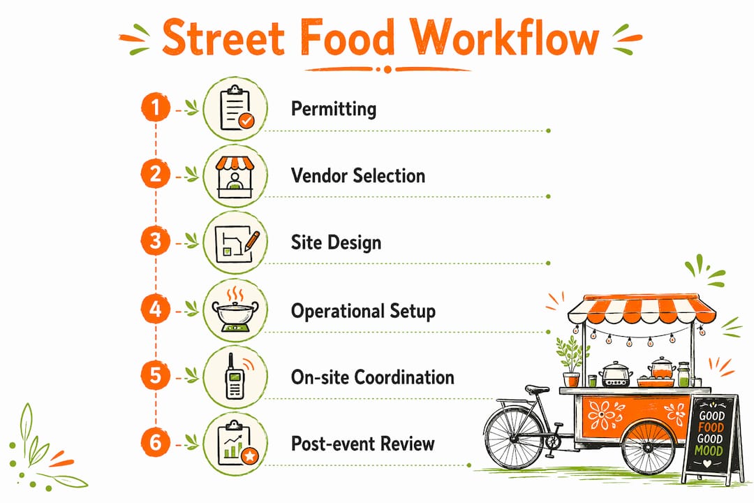 Infographic showing six key street food event workflow stages