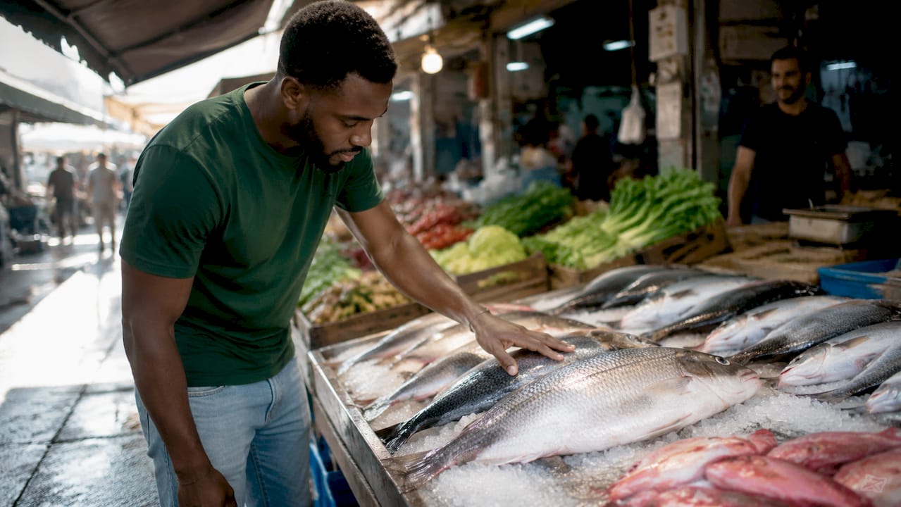 Man inspecting freshness of fish at market