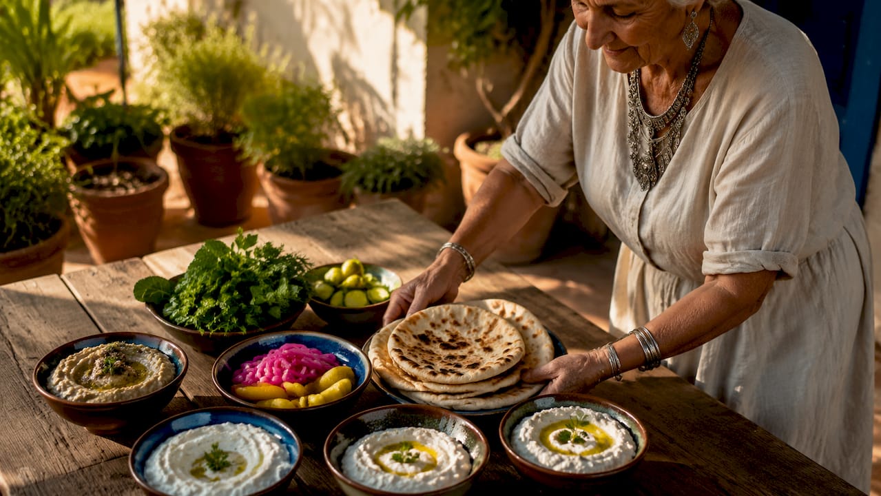 Close-up of mezze spread with hands placing bread