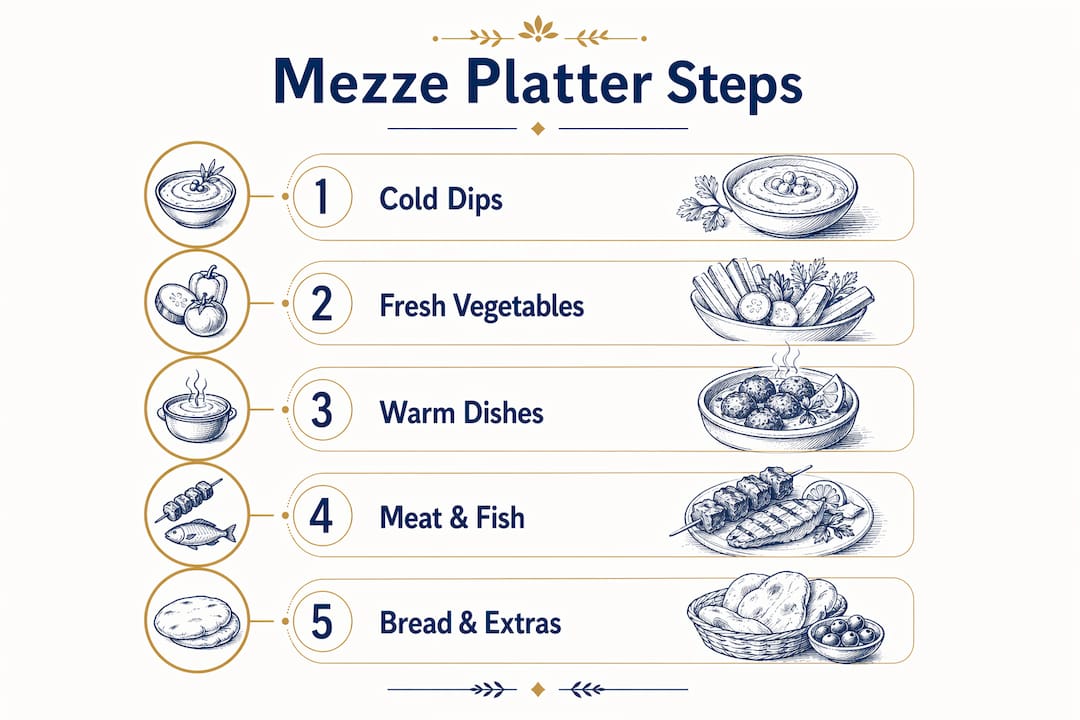 Infographic showing mezze platter preparation steps