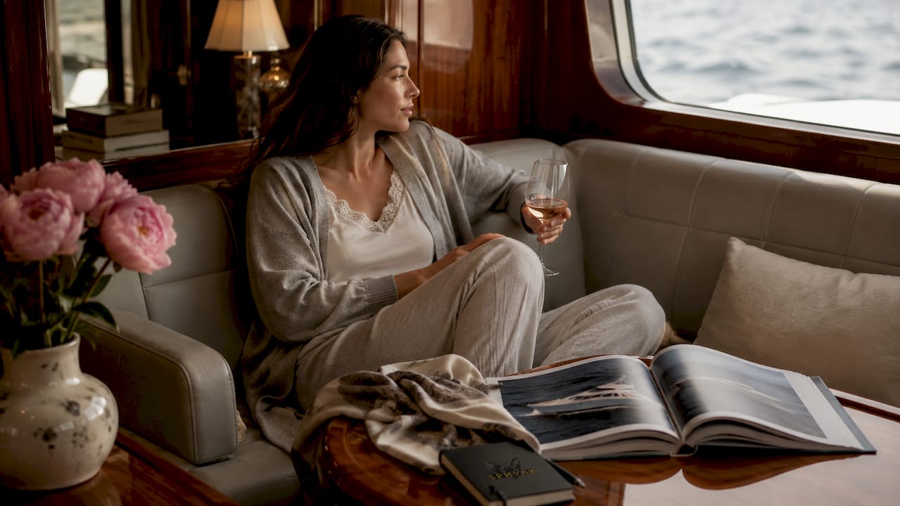 Woman lounging inside luxury yacht cabin