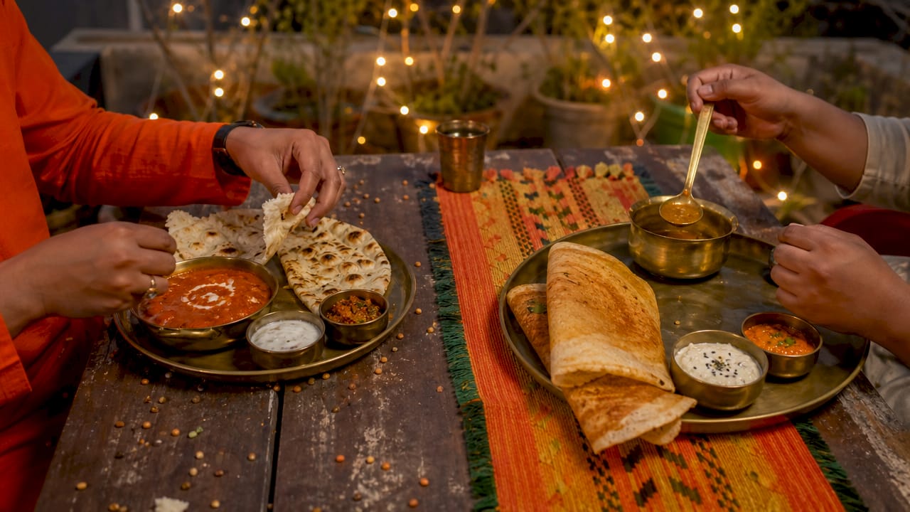 Overhead view of North and South Indian dishes on table