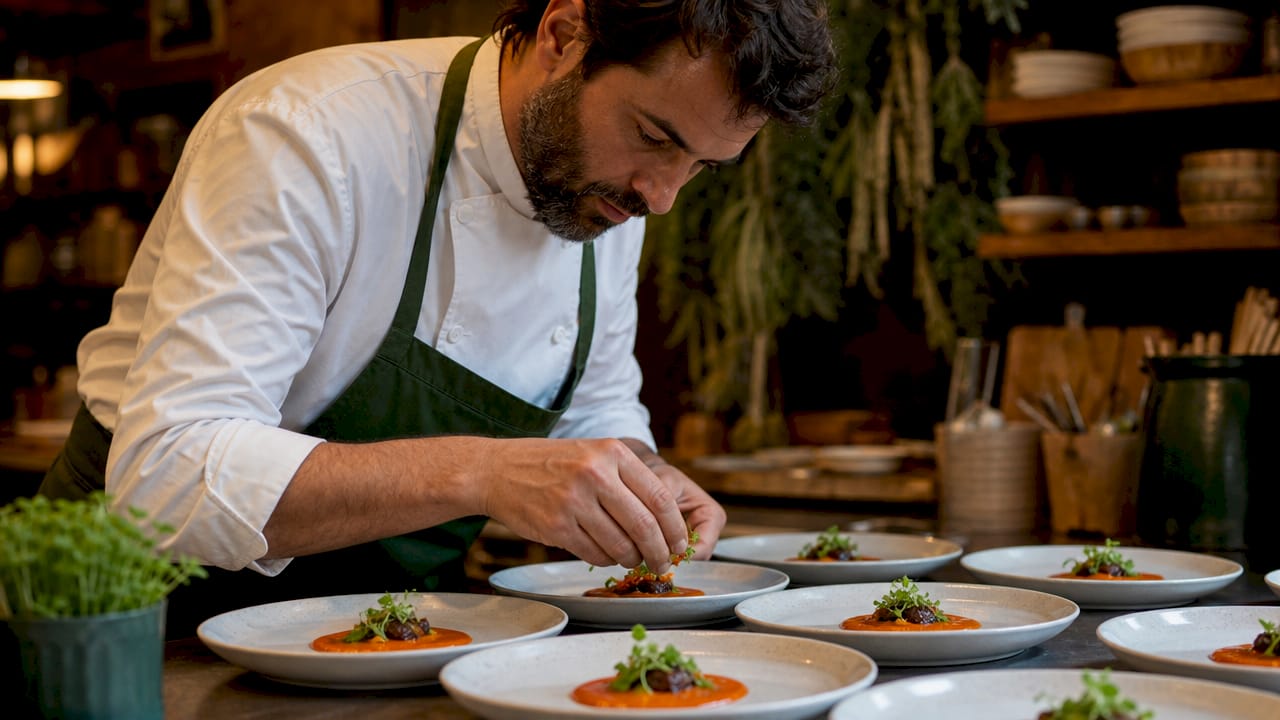 Chef plating elaborate tasting menu dishes