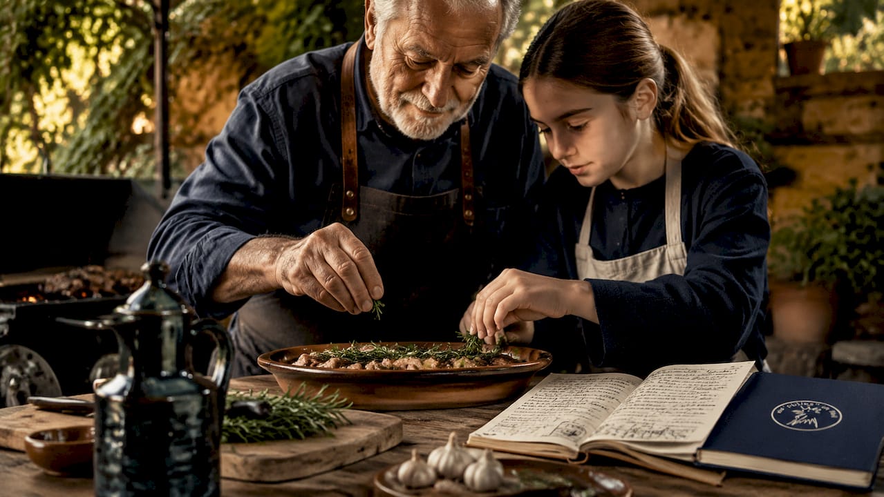Un abuelo enseña a su nieta a preparar una receta típica de la cocina catalana