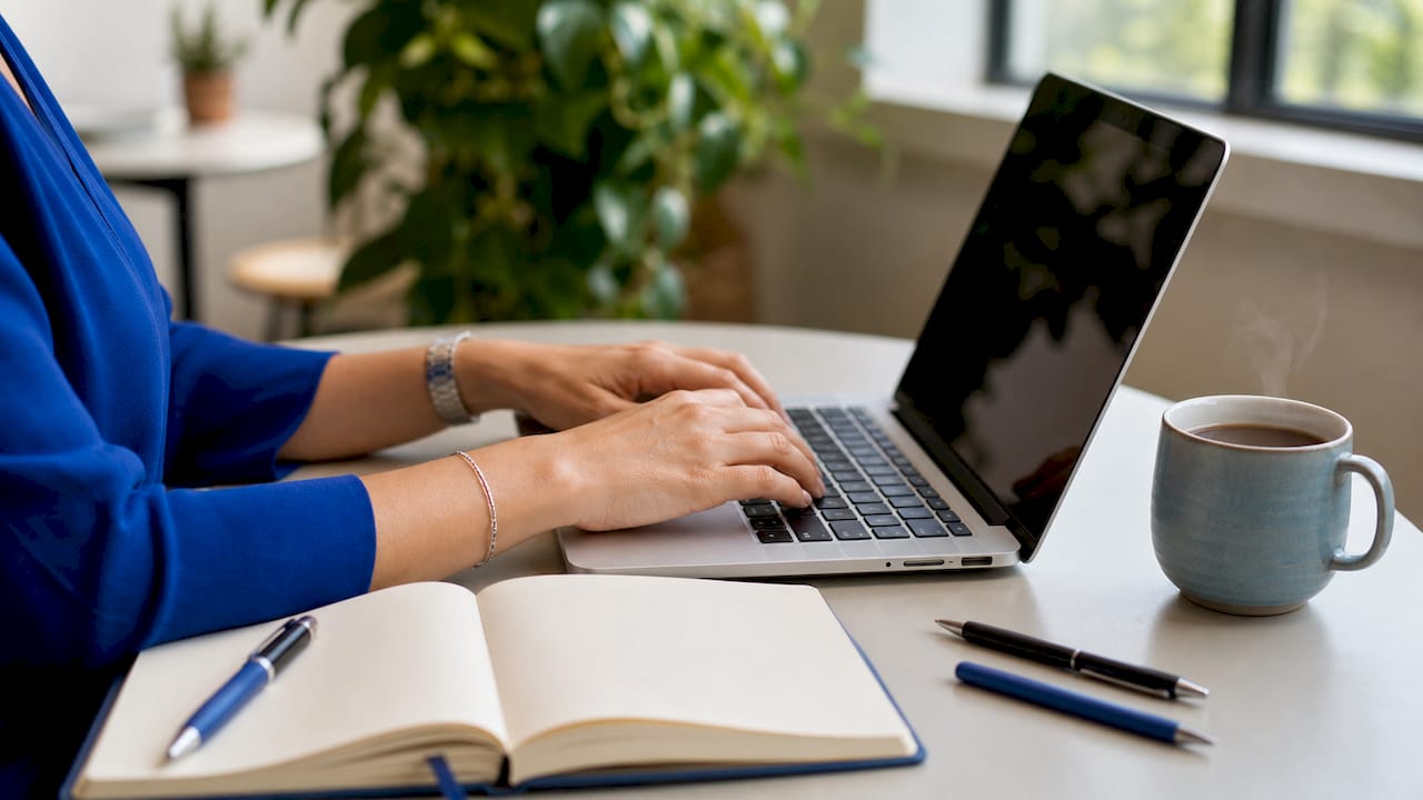 Zoom sur des mains qui tapent sur un clavier, entourées de documents d’analyse.