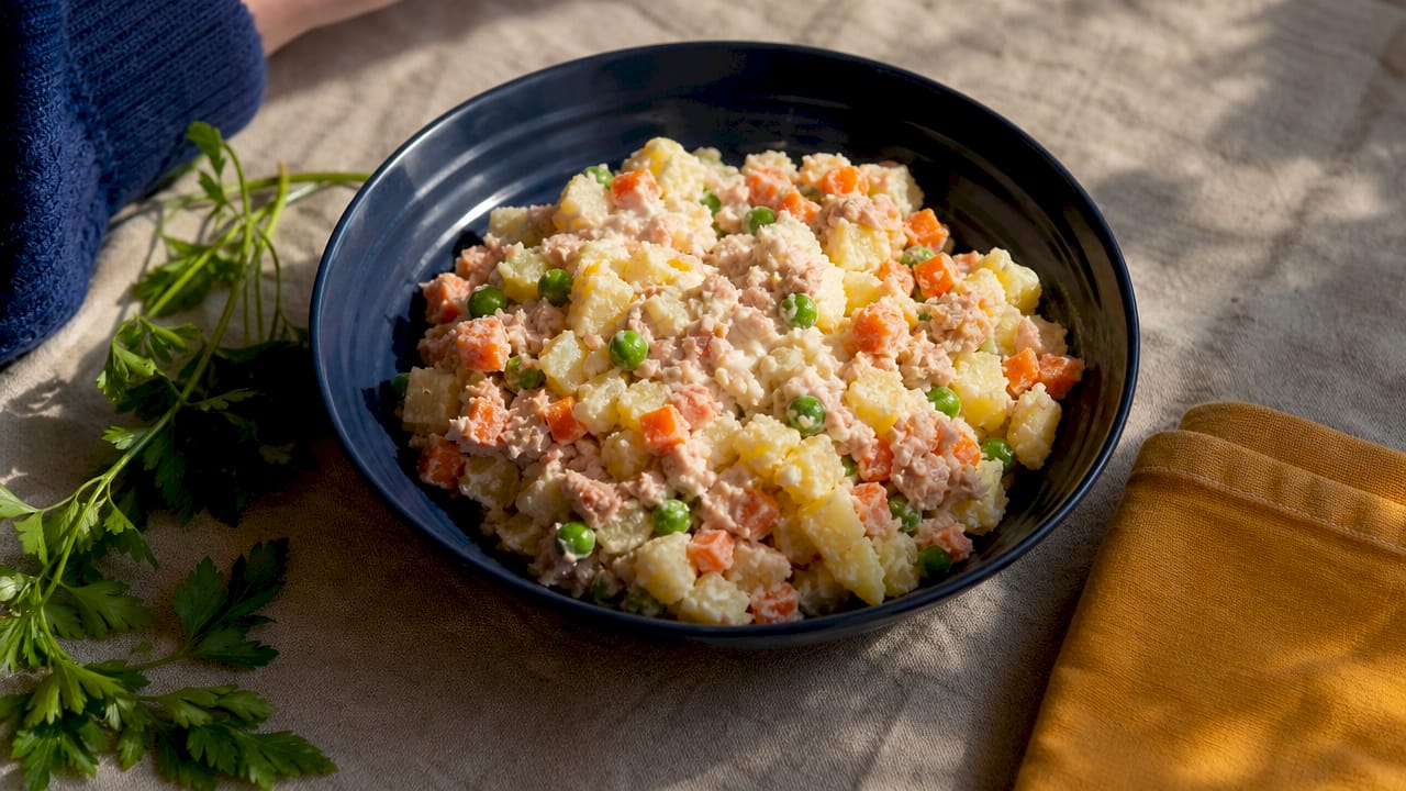 Close-up of traditional Ensaladilla Rusa salad