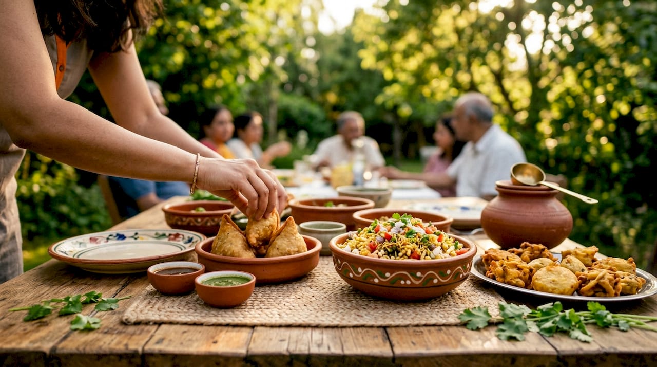 Overhead view of Indian starters and chaat dishes