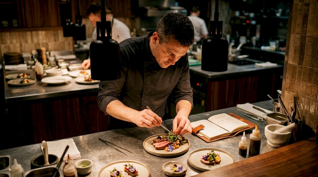 El chef da los últimos toques a un exclusivo menú degustación en una cocina gourmet.