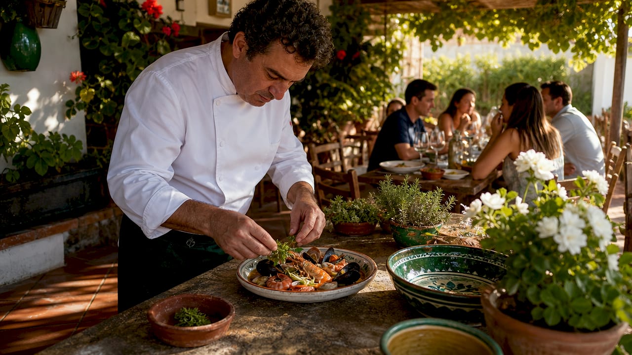 Chef preparing food inside authentic Poblenou restaurant