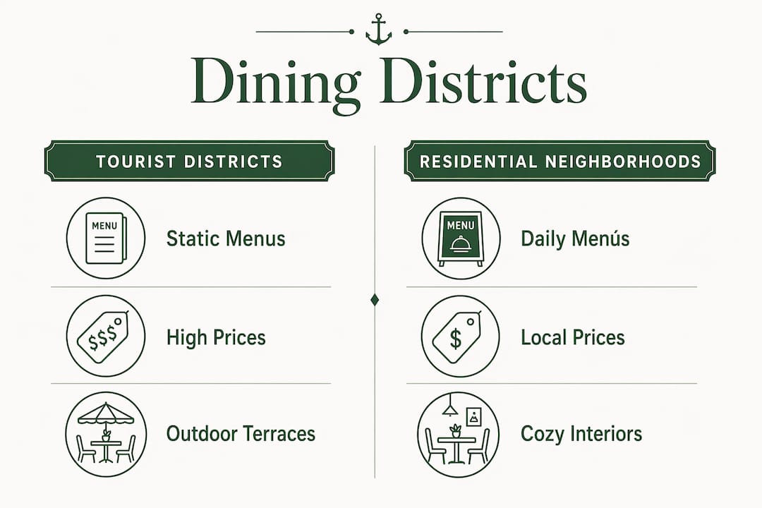 Infographic comparing tourist and residential dining areas