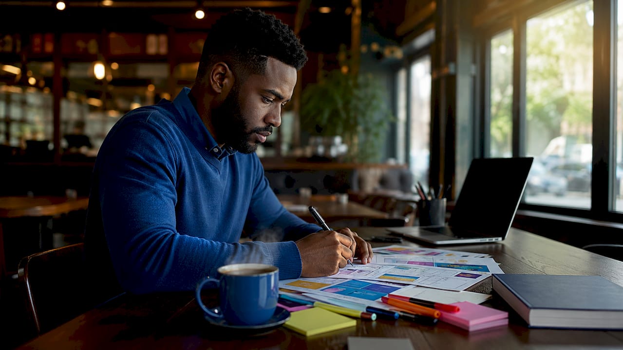 Des mains en train de modifier un calendrier de publication sur un bureau