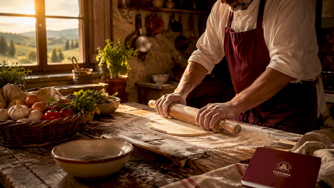 Cocinero elaborando pasta fresca a la vista de los comensales