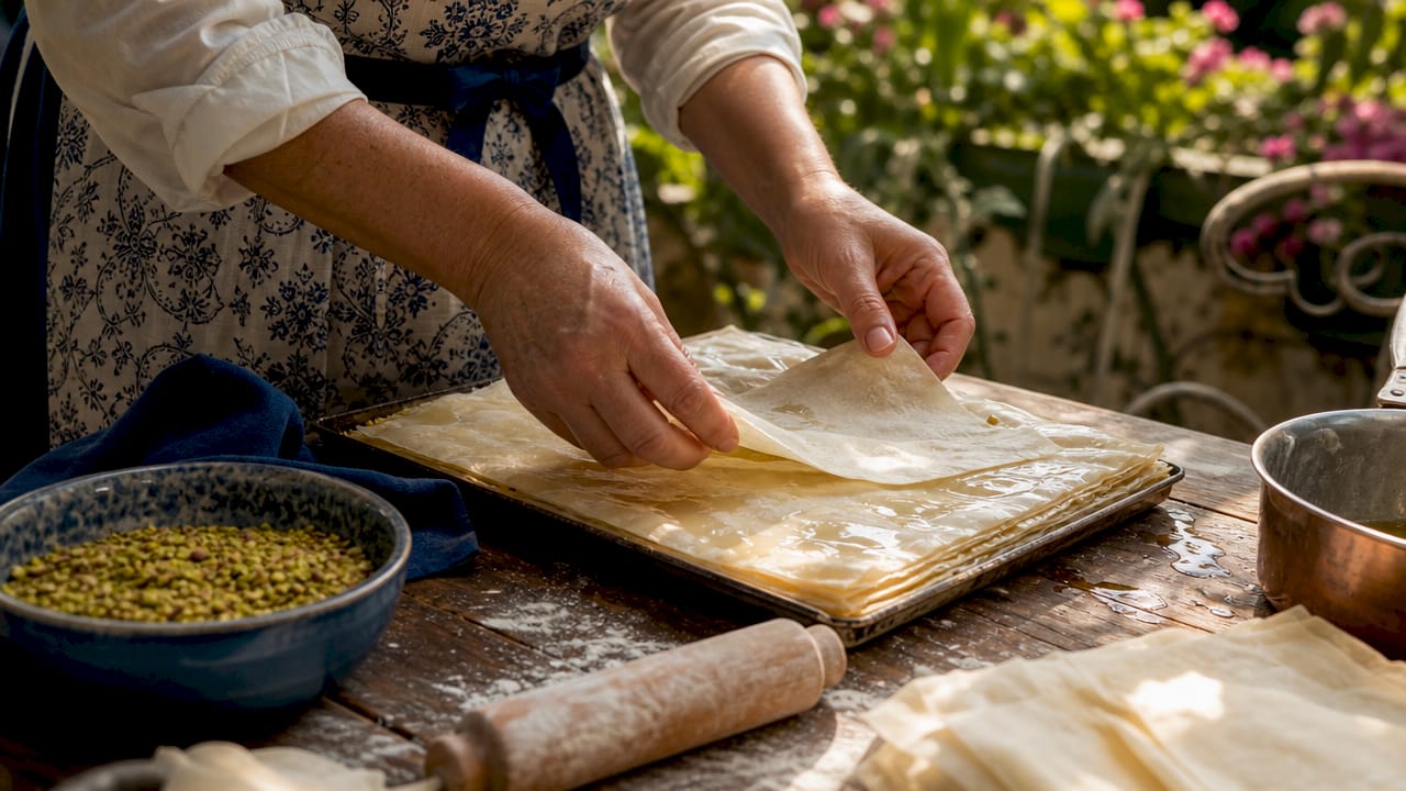 Hands layering phyllo pastry for baklava